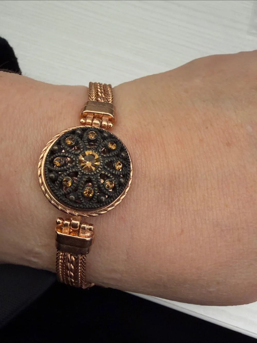 Vintage-Inspired Round Medallion Bracelet in Rose Gold with Amber Crystals